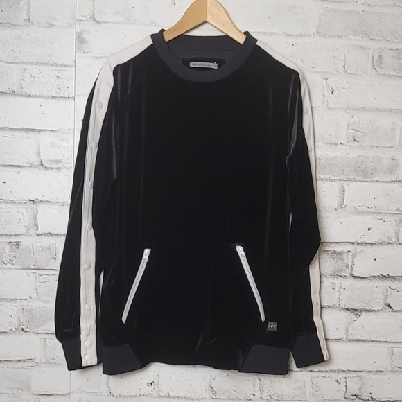 Madison Supply Black Velour Pullover Sweatshirt L Zip Pockets Stripe - Picture 1 of 6